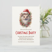 ハリネズミのサンタ帽 赤いポインセチアのクリスマスパーティー 招待状 (スタンド正面)
