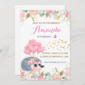 ハリネズミのバウムピンクのフローラの誕生動物 招待状 (正面/裏面)