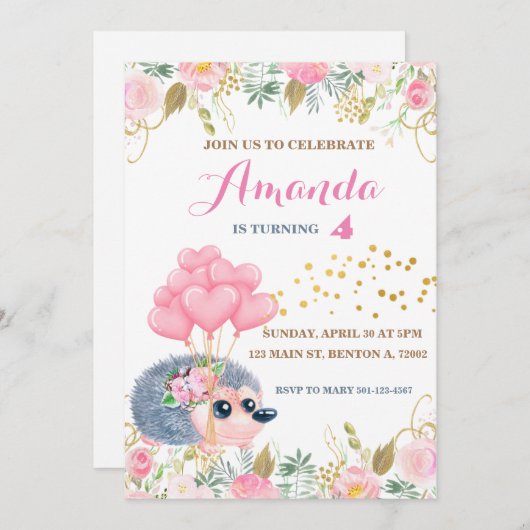 ハリネズミのバウムピンクのフローラの誕生動物 招待状 (正面/裏面)