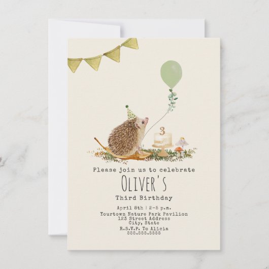 ハリネズミのバルーンフォレスト誕生日 招待状 (正面)