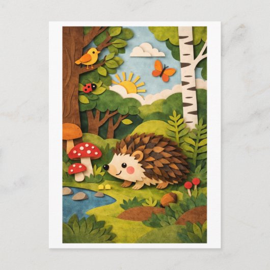 ハリネズミの切り絵コラージュ ポストカード (正面)