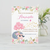 ハリネズミの弓風船ピンクの花の誕生日の動物 招待状 (スタンド正面)