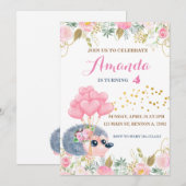 ハリネズミの弓風船ピンクの花の誕生日の動物 招待状 (正面/裏面)