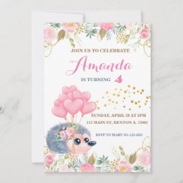ハリネズミの弓風船ピンクの花の誕生日の動物 招待状