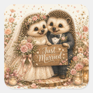 ハリネズミの新婚カップル ロマンチック カントリーロア ウェディング スクエアシール