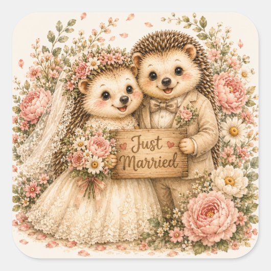 ハリネズミの新婚カップル 水彩画アート スクエアシール (正面)