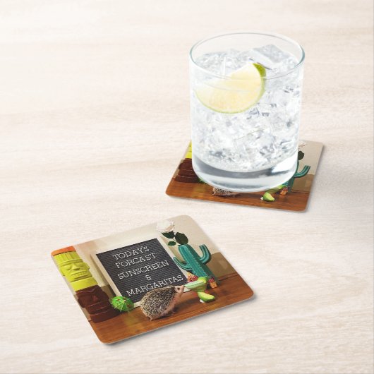 ハリネズミの日焼け止めとマルガリータ スクエアペーパーコースター (インサイチュ)