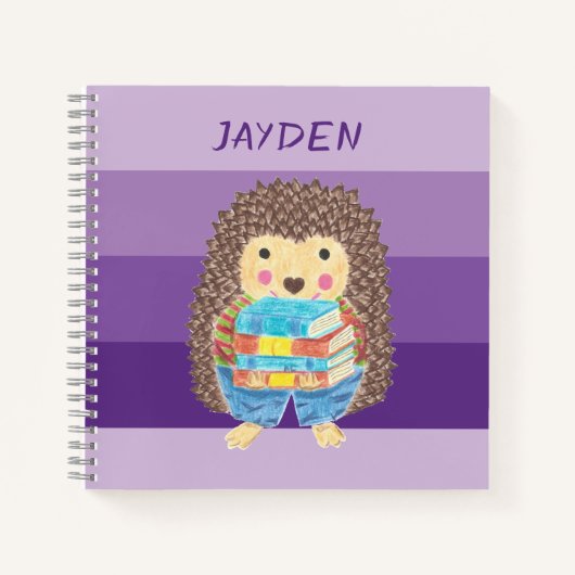 ハリネズミの本を持つ子供 紫のノート ノートブック (正面)