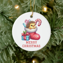 ハリネズミの毛並みの可愛いひよこ クリスマス セラミックオーナメント