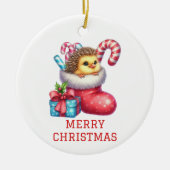 ハリネズミの毛皮のクリスマスを飾ったかわいい雛 セラミックオーナメント (正面)