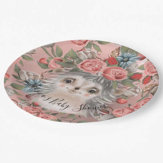 ハリネズミの水彩画の珊瑚の花の女の子のベビーシャワー ペーパープレート (アングル)