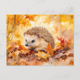 ハリネズミの紅葉の絵を描水色 ポストカード