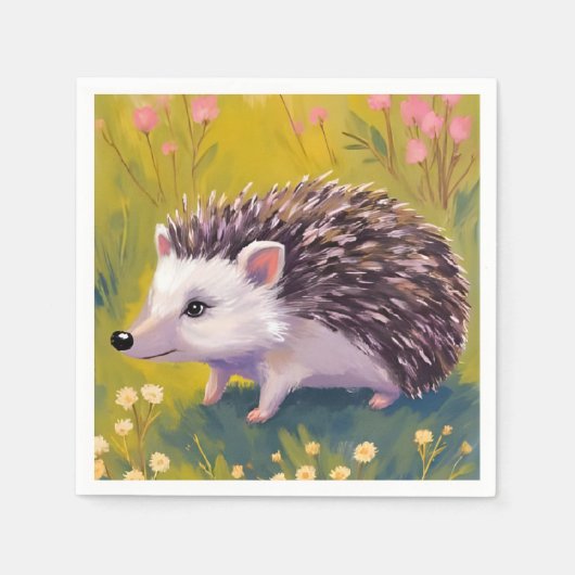 ハリネズミの花畑の動物の絵 スタンダードカクテルナプキン (正面)