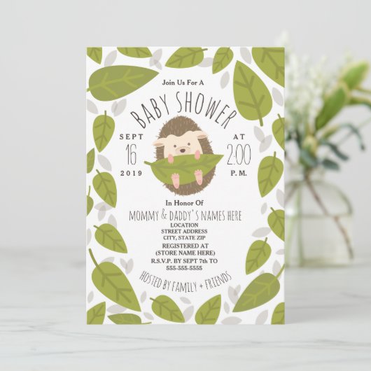 ハリネズミの落ちる葉の森林ベビーシャワー 招待状 (スタンド正面)