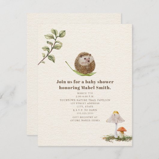 ハリネズミの葉きのこウッドランドベビーシャワー 招待状 (正面/裏面)