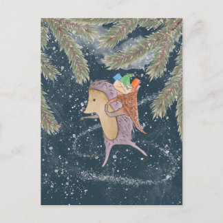 ハリネズミをスキーに乗せて。贈り物が肩に付いた籠 ポストカード