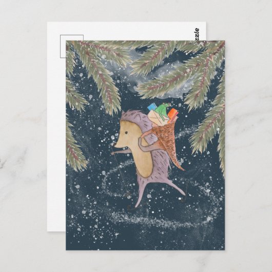 ハリネズミをスキーに乗せて。贈り物が肩に付いた籠 ポストカード (正面/裏面)