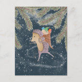 ハリネズミをスキーに乗せて。贈り物が肩に付いた籠 ポストカード (正面)