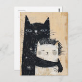 ハリネズミを抱く黒猫 ポストカード (正面/裏面)