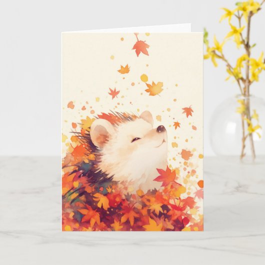 ハリネズミを秋のハートに カード (黄色い花)