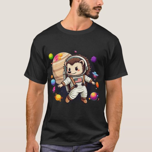 ハリネズミ宇宙飛行士: コスモスを探検する広告 Tシャツ (正面)