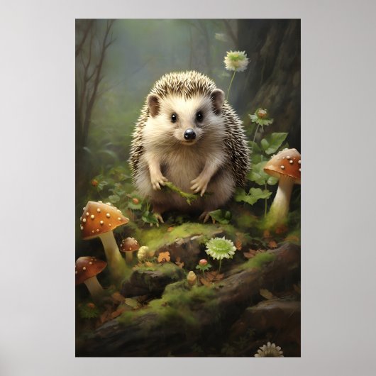 ハリネズミ植物画ウォールプリント 森のコア アニマル ポスター (正面)