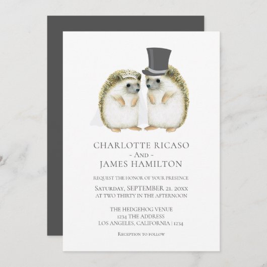 ハリネズミ花嫁カワイイ結婚ズパーソナライズされた 招待状 (正面/裏面)