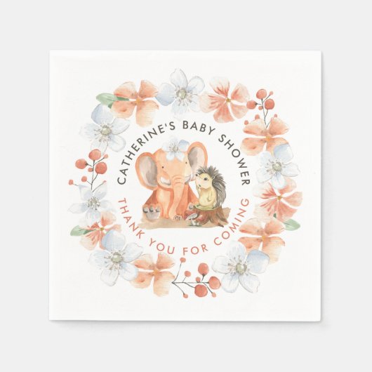 ハリネズミ象ありがとう名前ガールベビーシャワー スタンダードカクテルナプキン (正面)