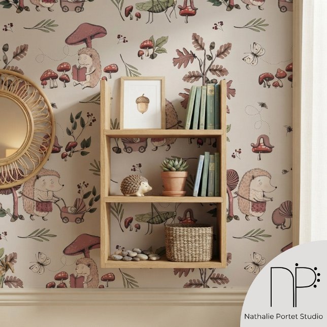 ハリネズミ トワル キッズ  壁紙 (Hand-drawn fine-line Hedgehog Toile Kids Wallpaper features whimsical woodland hedgehogs.)