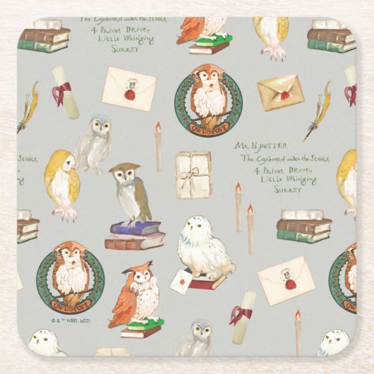 ハリーポッター™ |フクロウ文字のパターン スクエアペーパーコースター (正面)