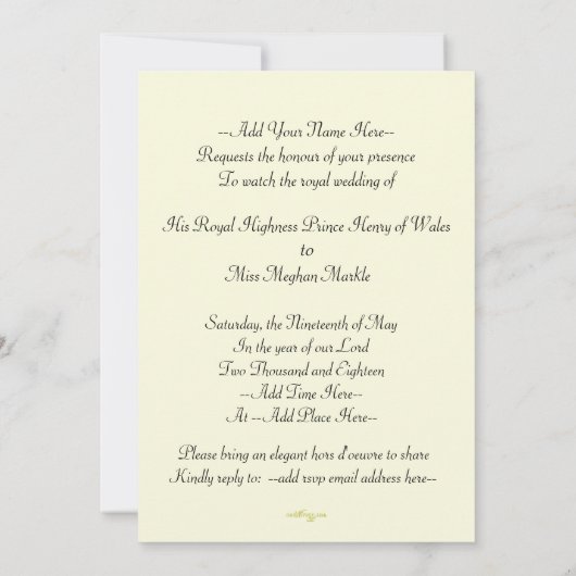 ハリー及びMeghanのエレガントで王室のな結婚式招待状 招待状 (裏面)