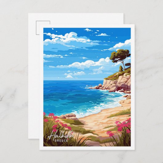ハルキディキギリシャトラベルヴィンテージイラストレーション ポストカード (正面/裏面)