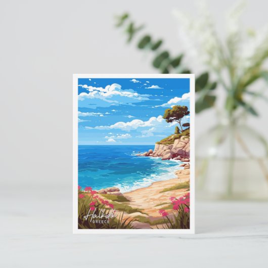 ハルキディキギリシャトラベルヴィンテージイラストレーション ポストカード (スタンド正面)