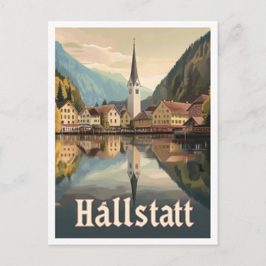 ハルスタットオーストリアアートヴィンテージトラベルイラストレーション ポストカード (正面)
