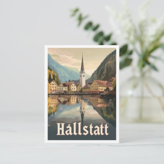 ハルスタットオーストリアアートヴィンテージトラベルイラストレーション ポストカード (スタンド正面)