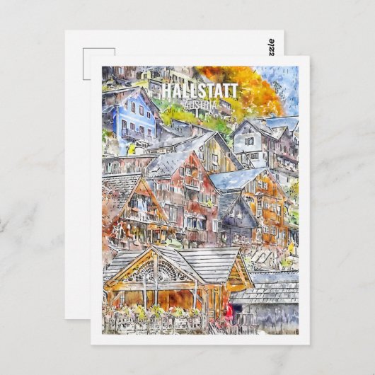 ハルスタットオーストリア有名な旅行水の色のスケッチ ポストカード (正面/裏面)