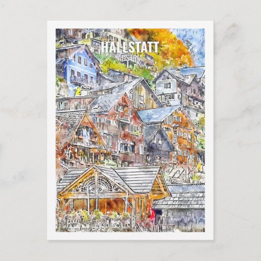 ハルスタットオーストリア有名な旅行水の色のスケッチ ポストカード (正面)