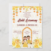 ハルディインディアンプレ結婚の可愛いヒンズーのカップル黄色 招待状 (正面)