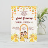 ハルディインディアンプレ結婚の可愛いヒンズーのカップル黄色 招待状 (スタンド正面)