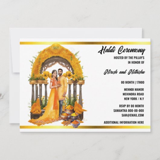ハルディインディアン水彩儀式ターメリックフローラ 招待状 (正面)
