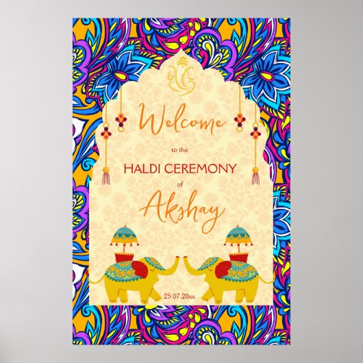 ハルディインディアン結婚のゾウの青い歓迎サイン ポスター (正面)