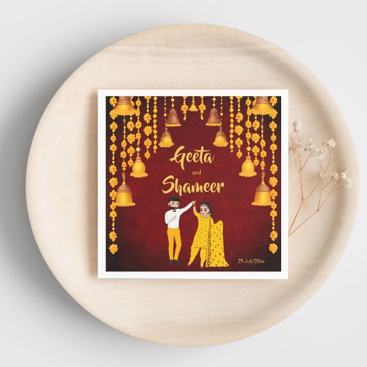 ハルディメンディサンゲインディアン結婚ズマルーンイエロー スタンダードカクテルナプキン