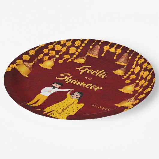 ハルディメンディサンゲインディアン結婚ズマルーンイエロー ペーパープレート (アングル)