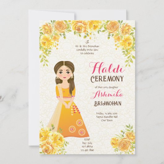ハルディ招待状と可愛い女の子の黄色のバラ 招待状 (正面)