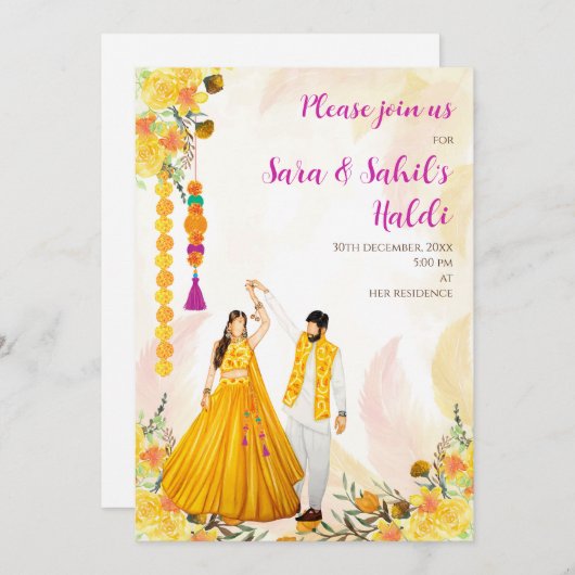 ハルディ招待状 & ヒンズー教の結婚式招待状 招待状 (正面/裏面)