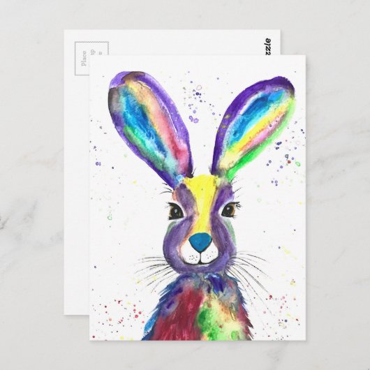 ハレ水彩動物可愛いカラフルウサギ ポストカード (正面/裏面)