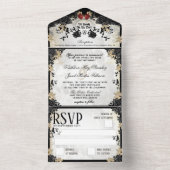 ハロウィエレガントン・ブラック・バラ結婚の骸骨 オールインワン招待状 (内側)