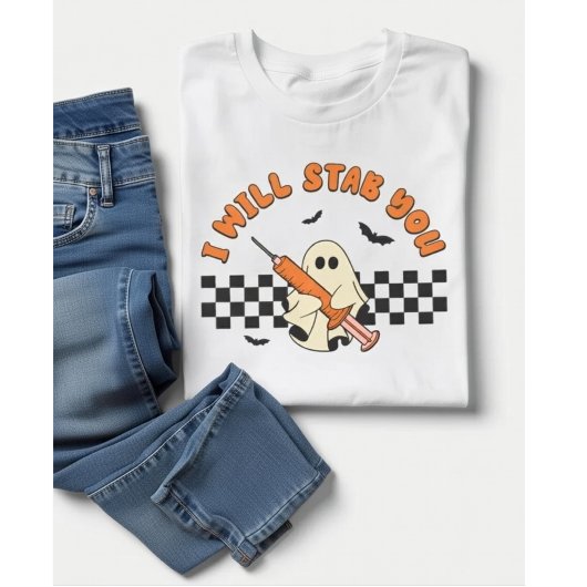 ハロウィンおばけナース「絶対刺すよ」 Tシャツ
