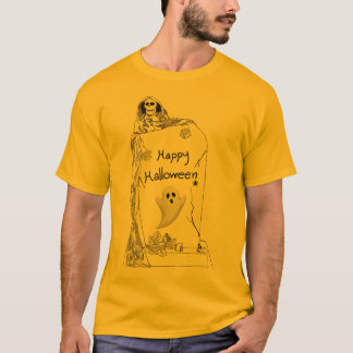 ハロウィンおめでとう - スケルトンと幽霊のデザイン Tシャツ