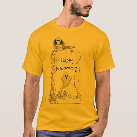 ハロウィンおめでとう - スケルトンと幽霊のデザイン Tシャツ (正面)